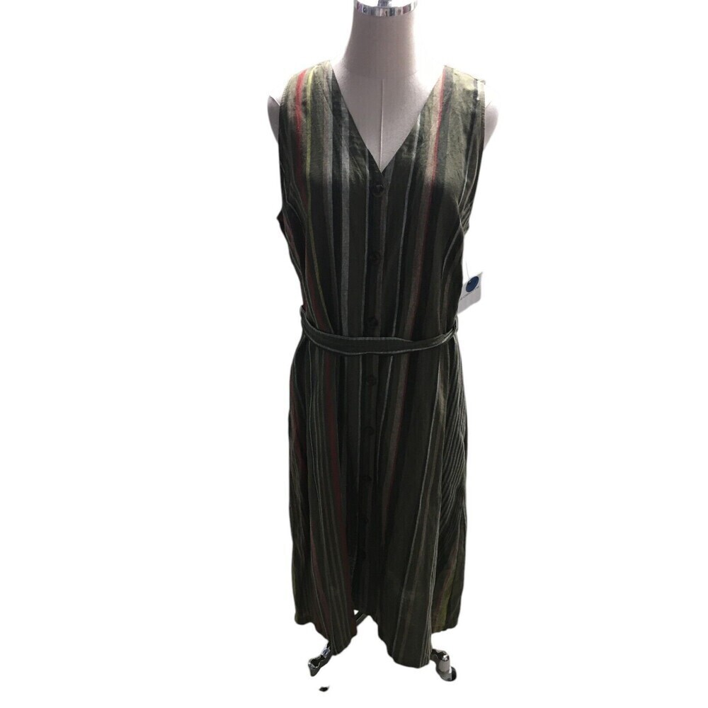 Liz Claiborne Dress Women's Size Large Olive Grove Striped Linen Cotton